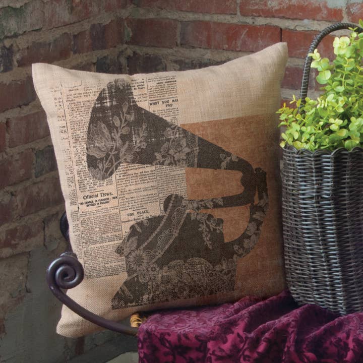 Heritage Lace - Wholesale Throw Pillow Cover - Silhouettes Gramophone 18x18 Polyester Pillow Cover Natural
