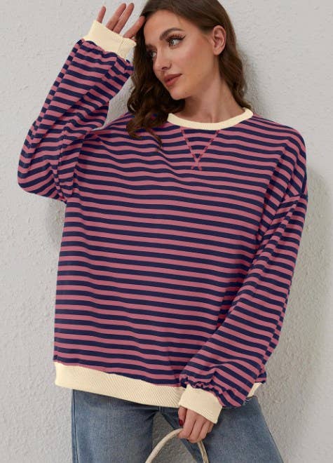 Lovesoft - Wholesale Sweatshirt - Women's - Trendy Oversized Striped Sweatshirt with Bold Trim7