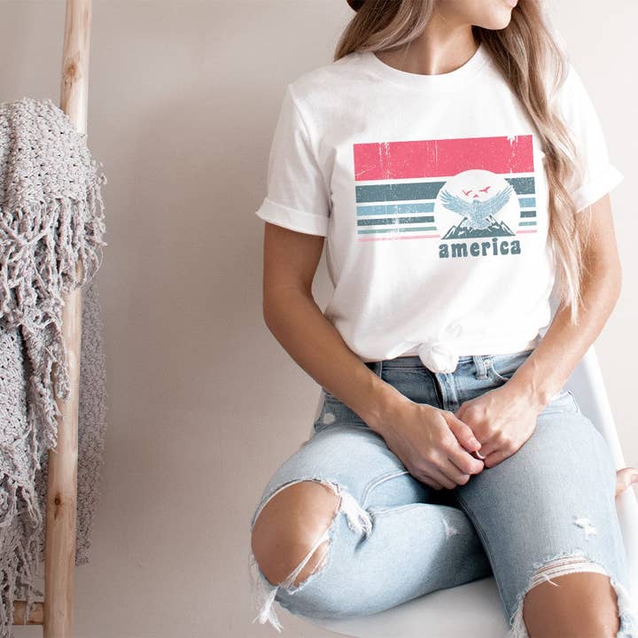 America Eagle Retro Stripes Tee – Vintage Patriotic Graphic T-Shirt - NA157 for wholesale by Rockledge Designs