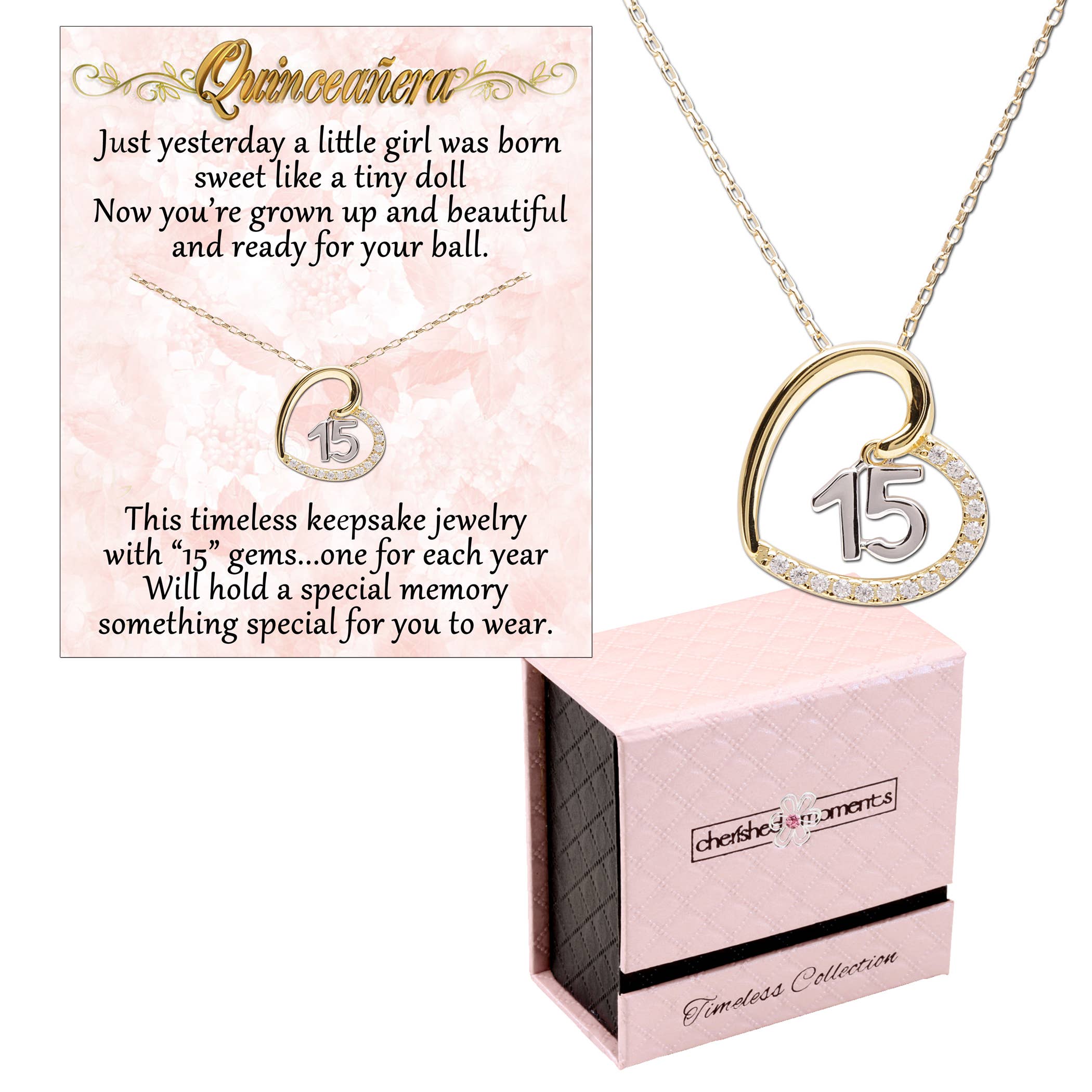 Cherished Moments - Wholesale Pendant/Charm Necklace - Quinceañera Heart Necklace Gift for Sweet 15 (TCN-Q15-Heart)1