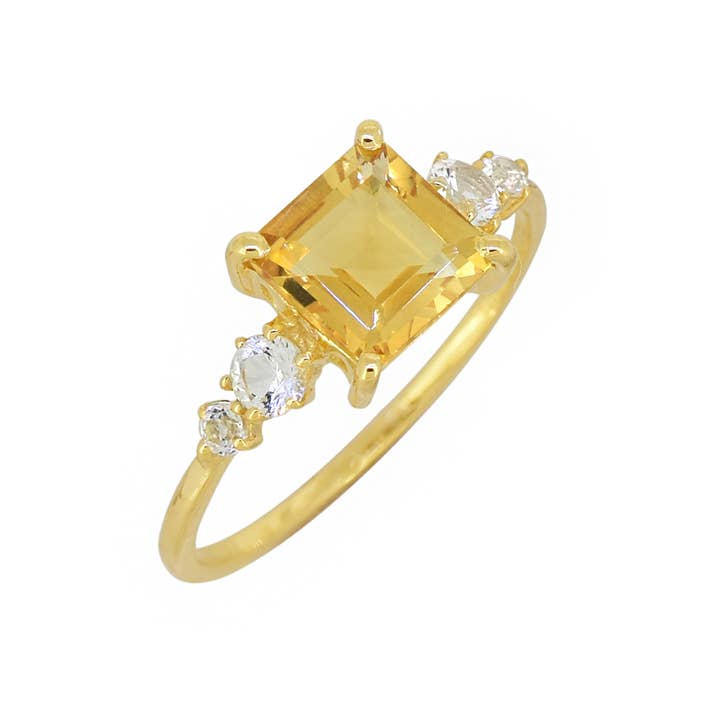 Tiramisu - Wholesale Single Stone/Solitaire Ring - Gold Plated 925 Silver Citrine White Topaz Ring