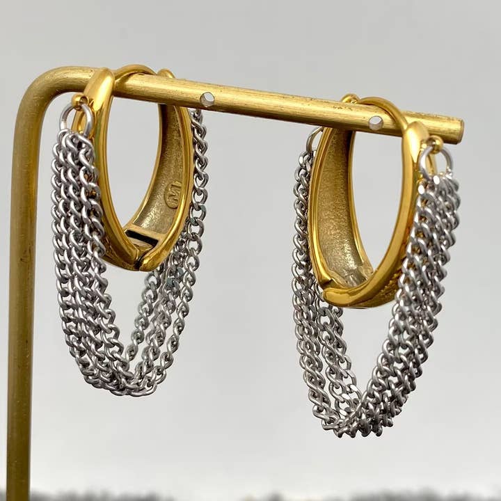 Multi-layer Chain Fringe18K Golden SS Huggie Earrings - FGS for wholesale by Mio Queena