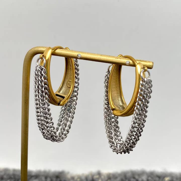 Mio Queena - Wholesale Huggie Earrings - Multi-layer Chain Fringe18K Golden SS Huggie Earrings - FGS