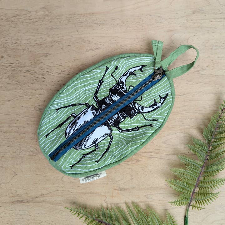 ilikesara | art + goods - Wholesale Pencil case/pouch - zippered pouch | stag beetle - green insect/bug pencil, supply, makeup bag with waterproof lining5
