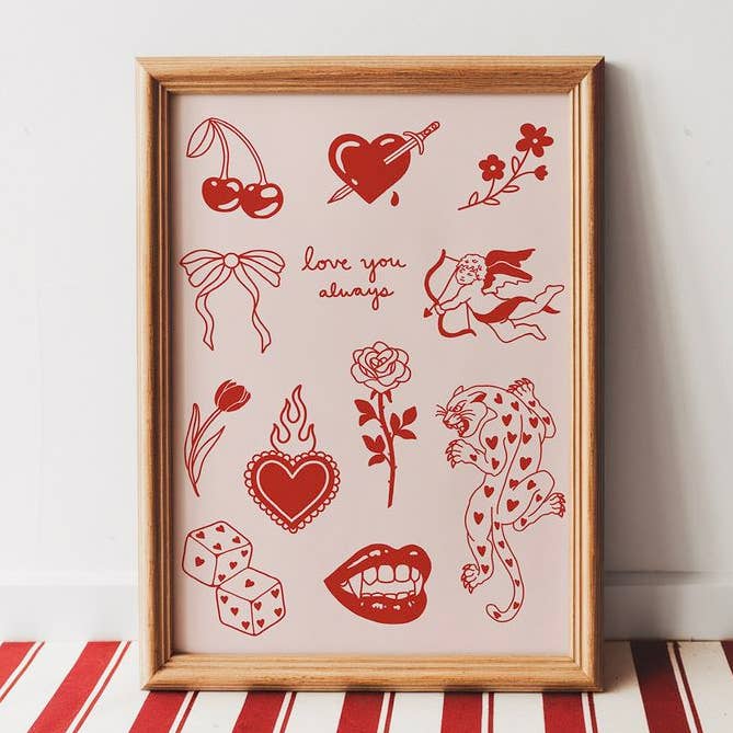 Impression d'art flash de tatouage romantique rouge et rose pour la vente par Steph Marie Art