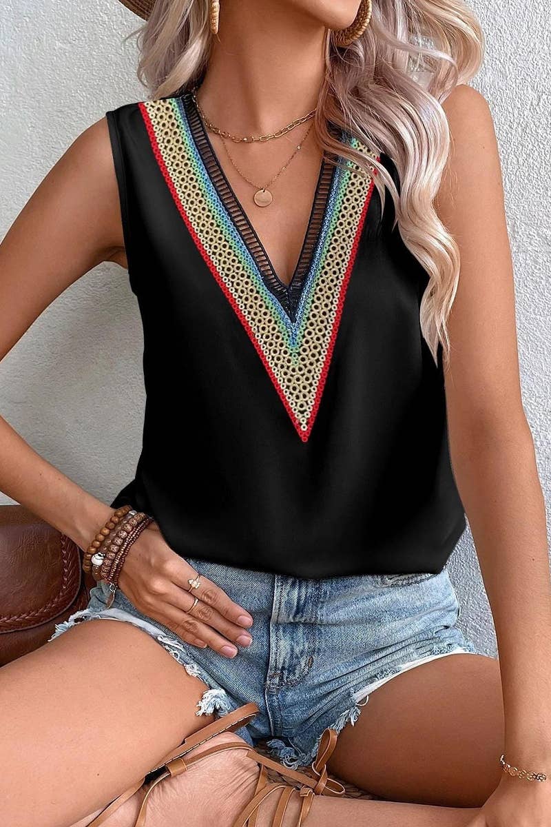 Lily Clothing - Wholesale Blouse - Women's - MULTICOLOR LACE V NECK SLEEVELESS BLOUSE_CWTBLSL00258