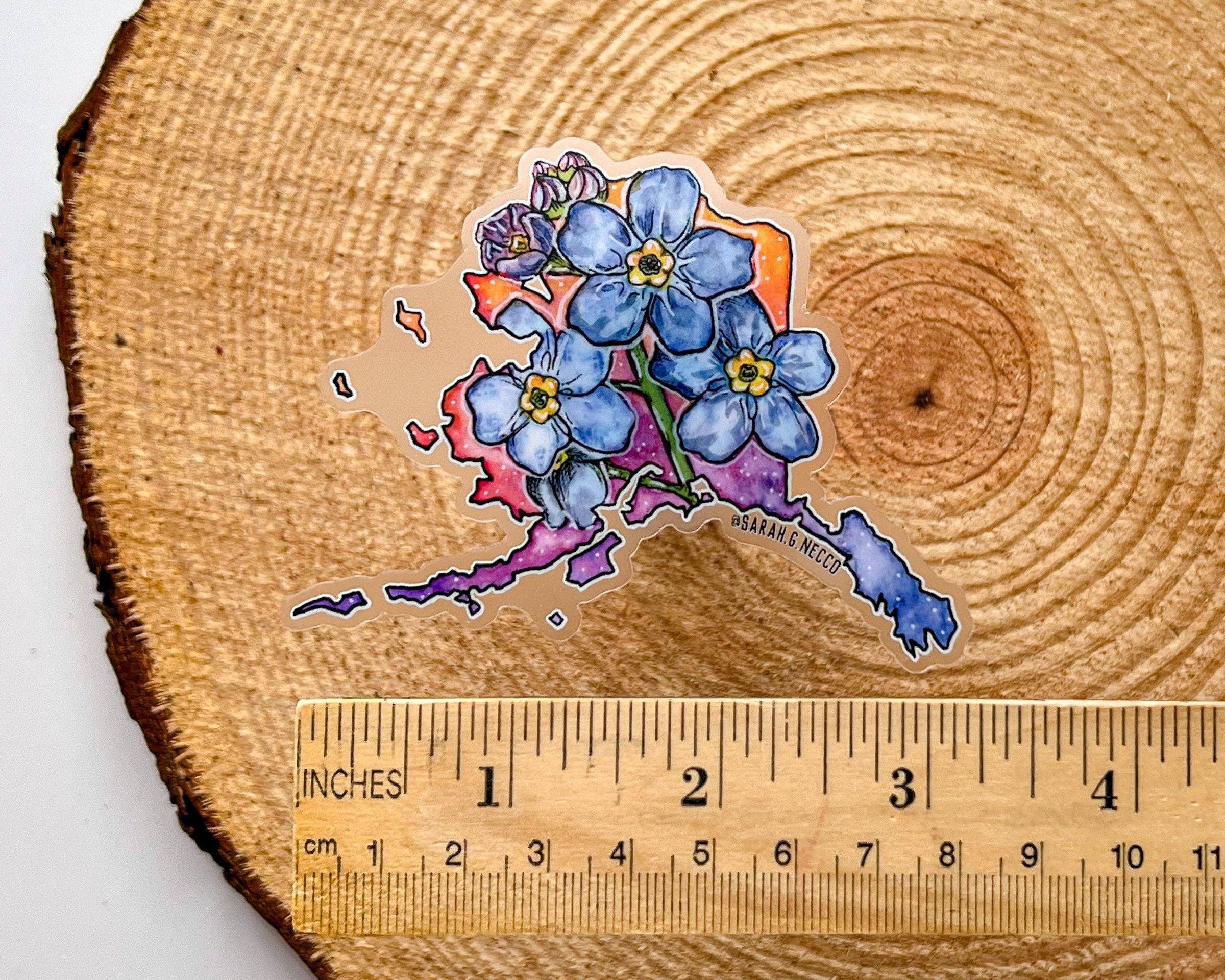 BarnHouse Studios - Wholesale Sticker - Alaska State Flower, Forget Me Nots, Clear 3" Vinyl Die-Cut Sticker3