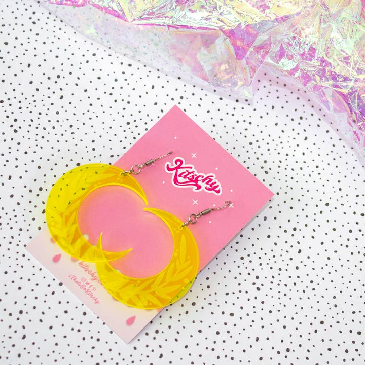 Kitschy - Wholesale Dangle Earrings - Allure Crescent Moon Floral Earrings Laser Cut Acrylic | Made In Scotland4
