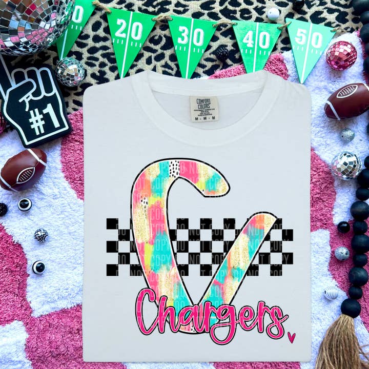 Chargers Pink/Teal Brushstroke Initial Mascot DTF Transfer for wholesale by K and M Designs