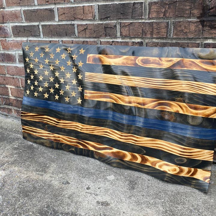 Rugged Cross Creations - Wholesale Wall Sign - Waving Wooden Extra Rustic Wood Burnt Thin Blue Line Police Flag