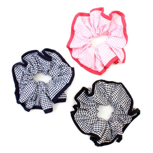 Gingham fabric scrunchie with trim. for wholesale by Inca UK