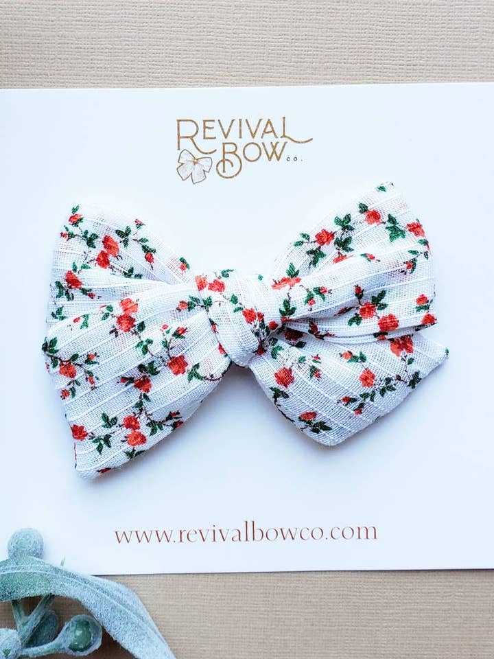 Small Bow on Clip or Headband • Festive Floral for wholesale by Revival Bow Co.