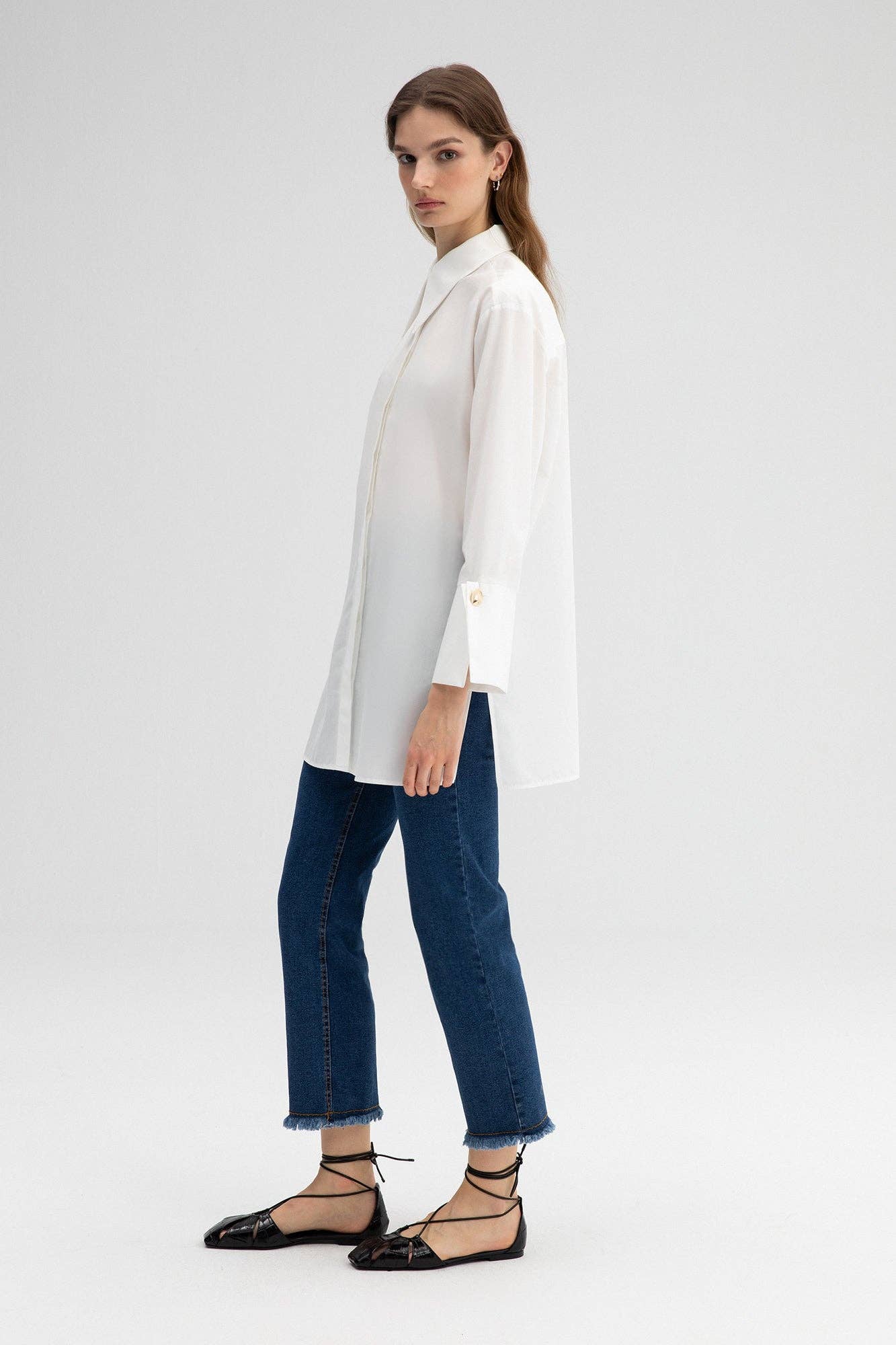 Cream  POPLIN SHIRT WITH STATEMENT WIDE CUFF - COTTON BLEND for wholesale on Faire1