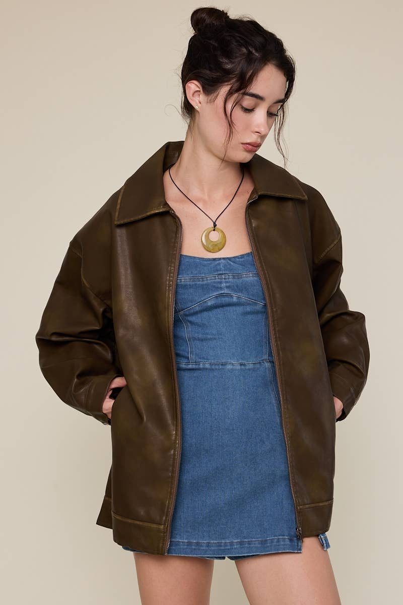 Sky to Moon - Wholesale Leather Jacket - Women's - FAUX LEATHER COLLARED OVERSIZED CASUAL JACKET1