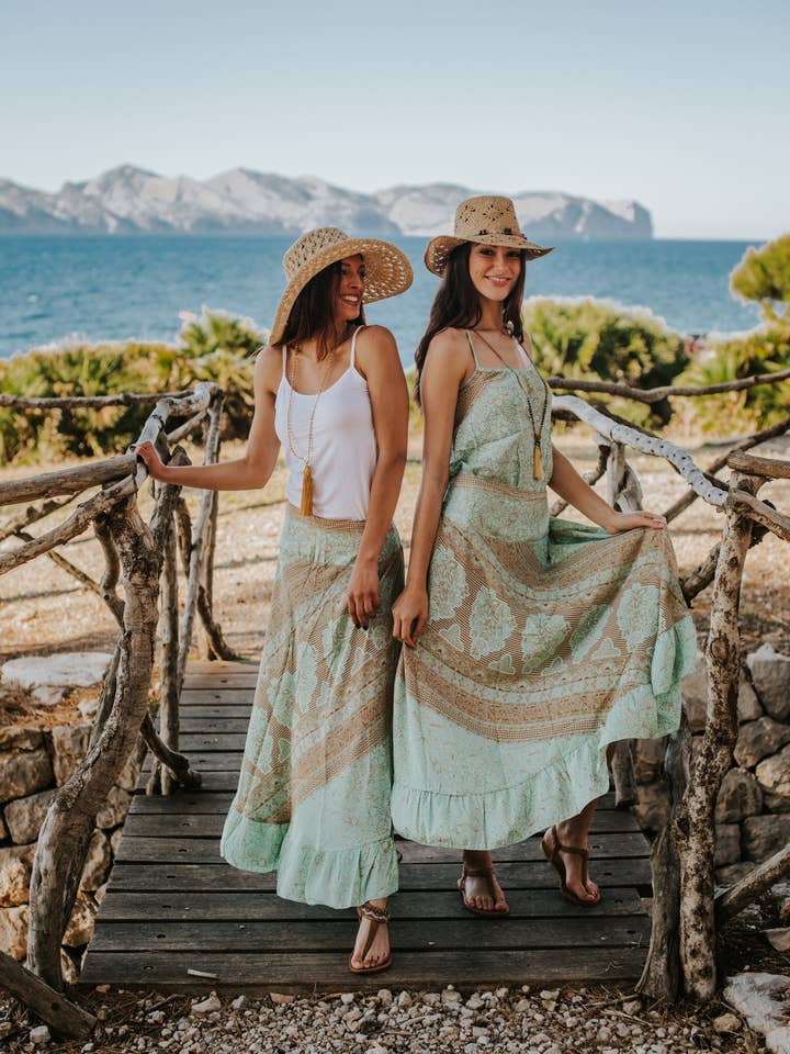 BARBADOS Boho Silk Long Skirt, Sea Green and Gold for wholesale by Miss Kitsch