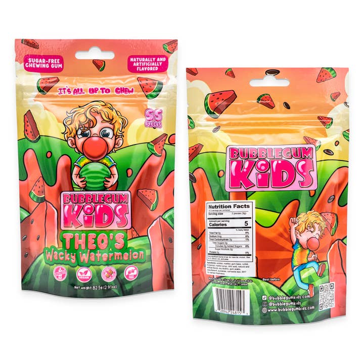 Bubblegum kids - Vendita all'ingrosso Gomme da masticare - Theo's Wacky Watermelon (55 pezzi) Gomma da masticare all'anguria senza zucchero