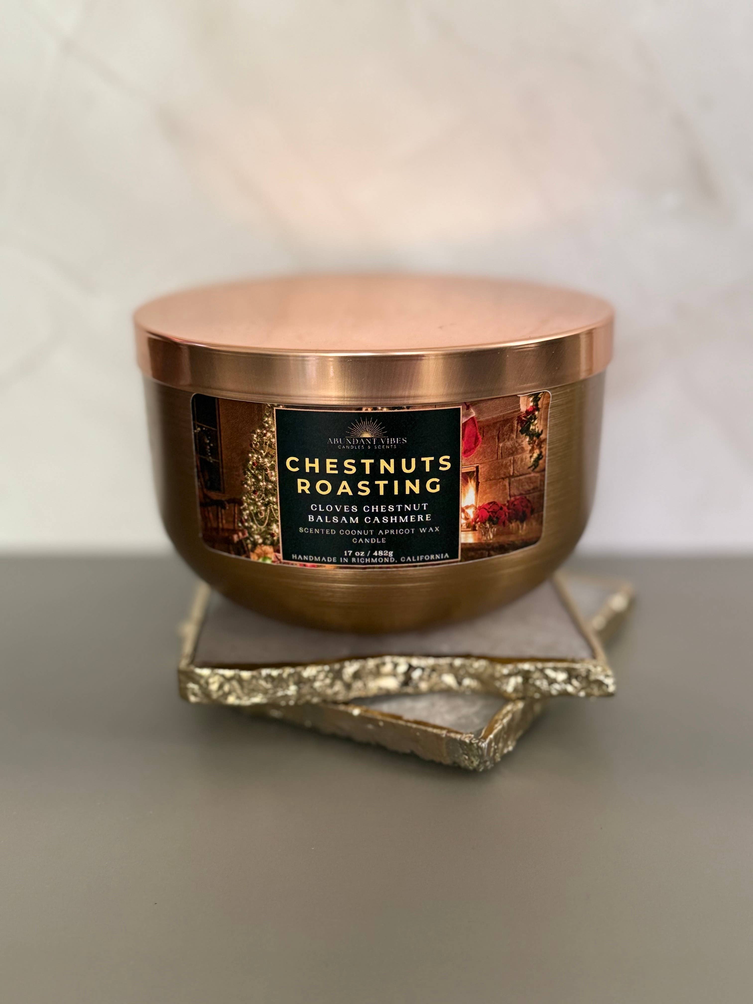 Abundant Vibes Candles & Scents - Wholesale Jar/Filled Candle - Chestnuts Roasting 17oz Candle (Chestnut + Clove + Cashmere)4