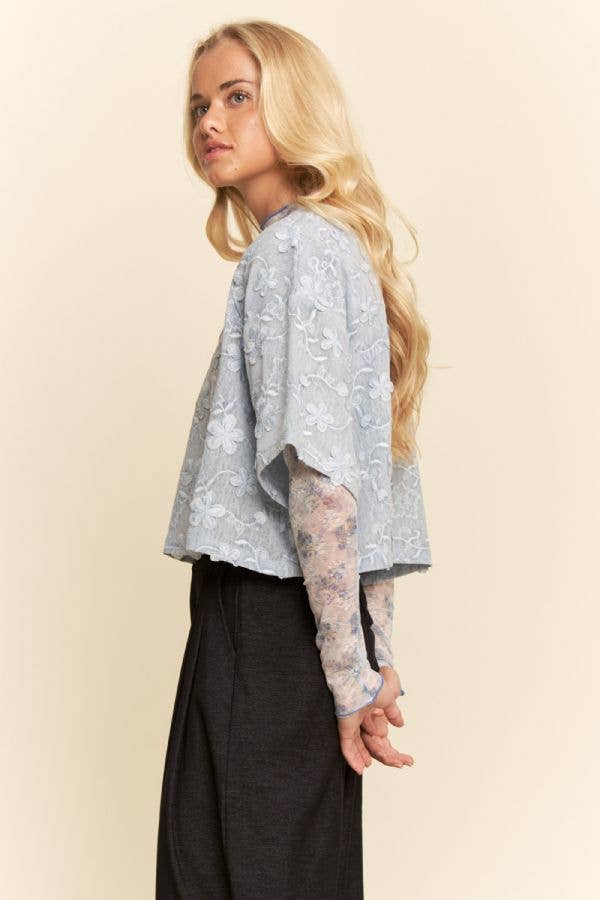 Blue FLORAL RUFFLE SHORT SLEEVE BABYDOLL MESH TOP for wholesale on Faire2