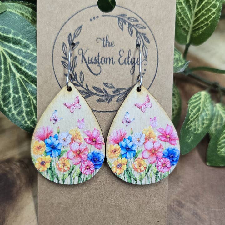 Wildflower Floral Teardrop Wooden Dangle Earrings – Handmade for wholesale by The Kustom Edge