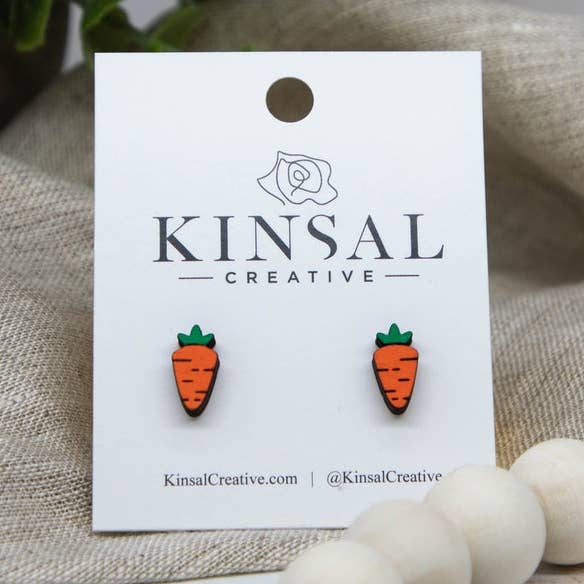 Carrot Wood Stud Earrings for wholesale by Kinsal Creative