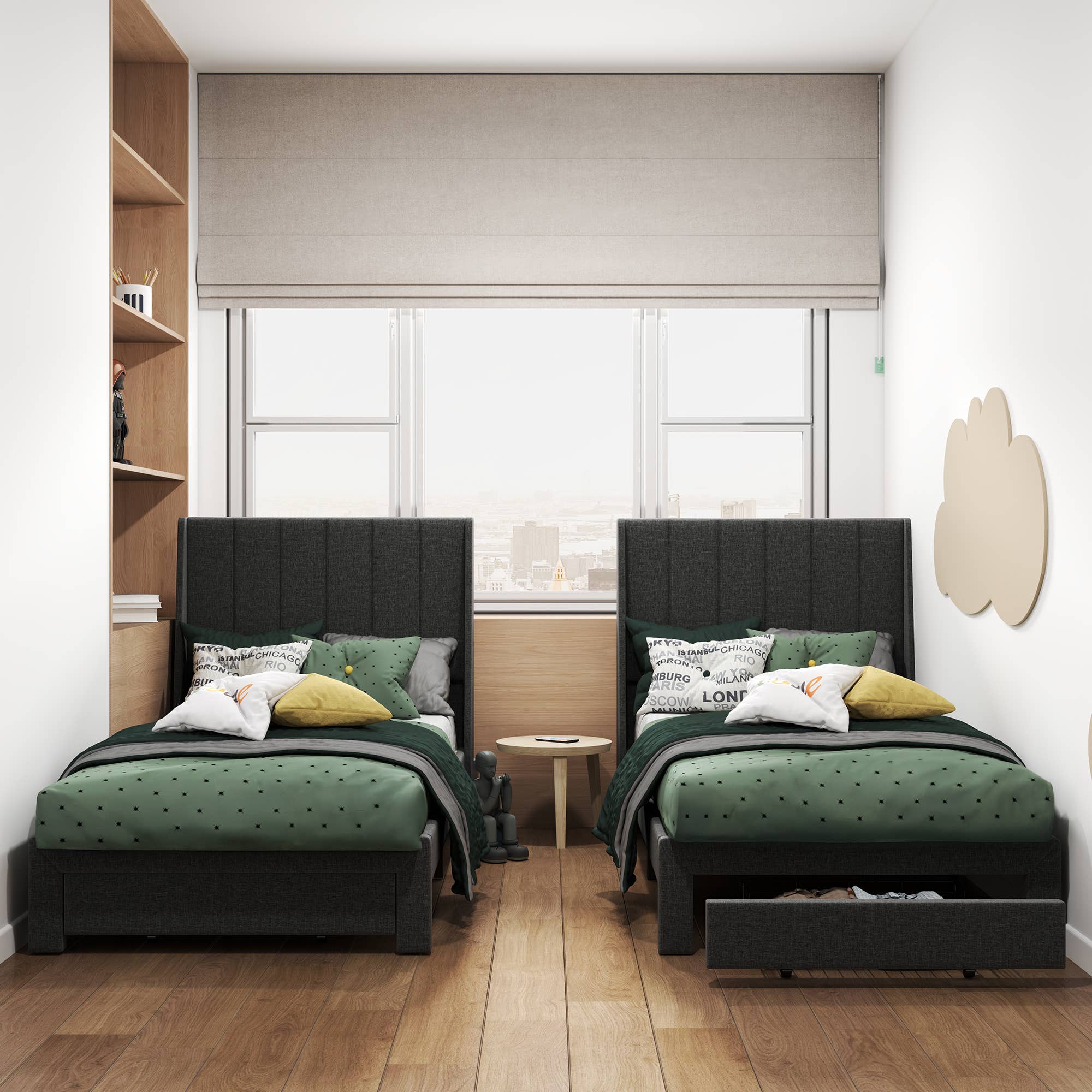 39F Inc. - Wholesale Bed - Twin Size Upholstered Platform Bed Frame w Drawer &USB9