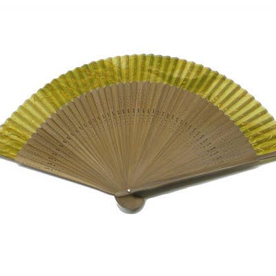 Silk Fan, Green With Gold Flecks. Long Brown for wholesale by World Treasure Trading