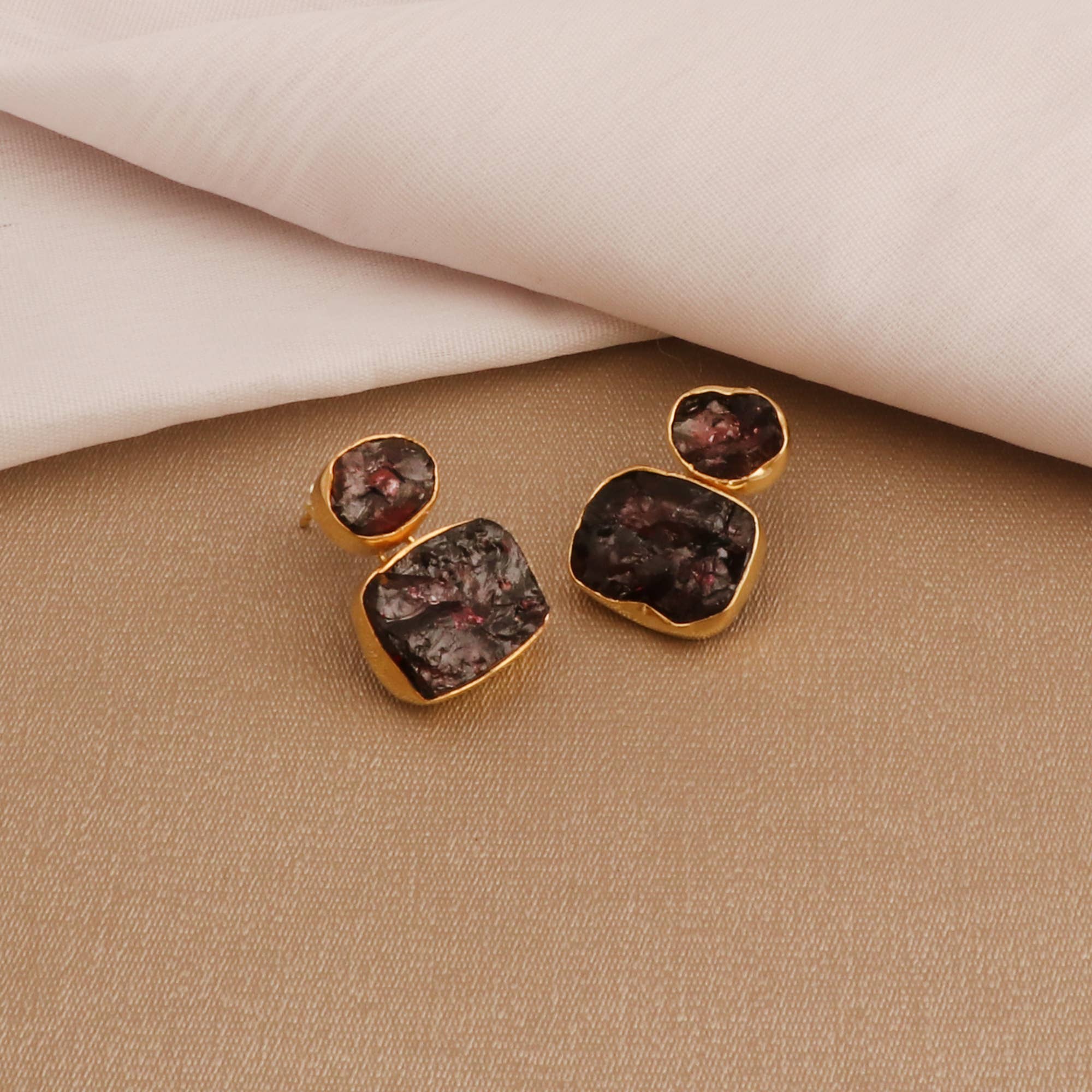 El Joyero - Wholesale Stud/Post Earrings - January Birthstone Raw Garnet Gemstone Gold Plated Studs0