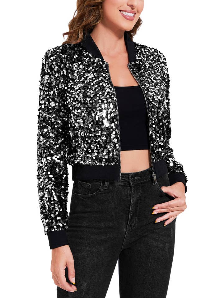 Anna Kaci Wholesale - Wholesale Bomber Jacket - Women's - Sparkly Sequin Cropped Jacket Party Bomber