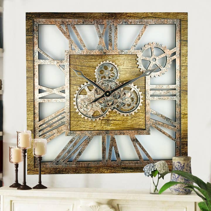 HORLOGE MURALE CARRÉE AMERICA LINE 24 POUCES EN OR ANTIQUE pour la vente par The Gears Clock