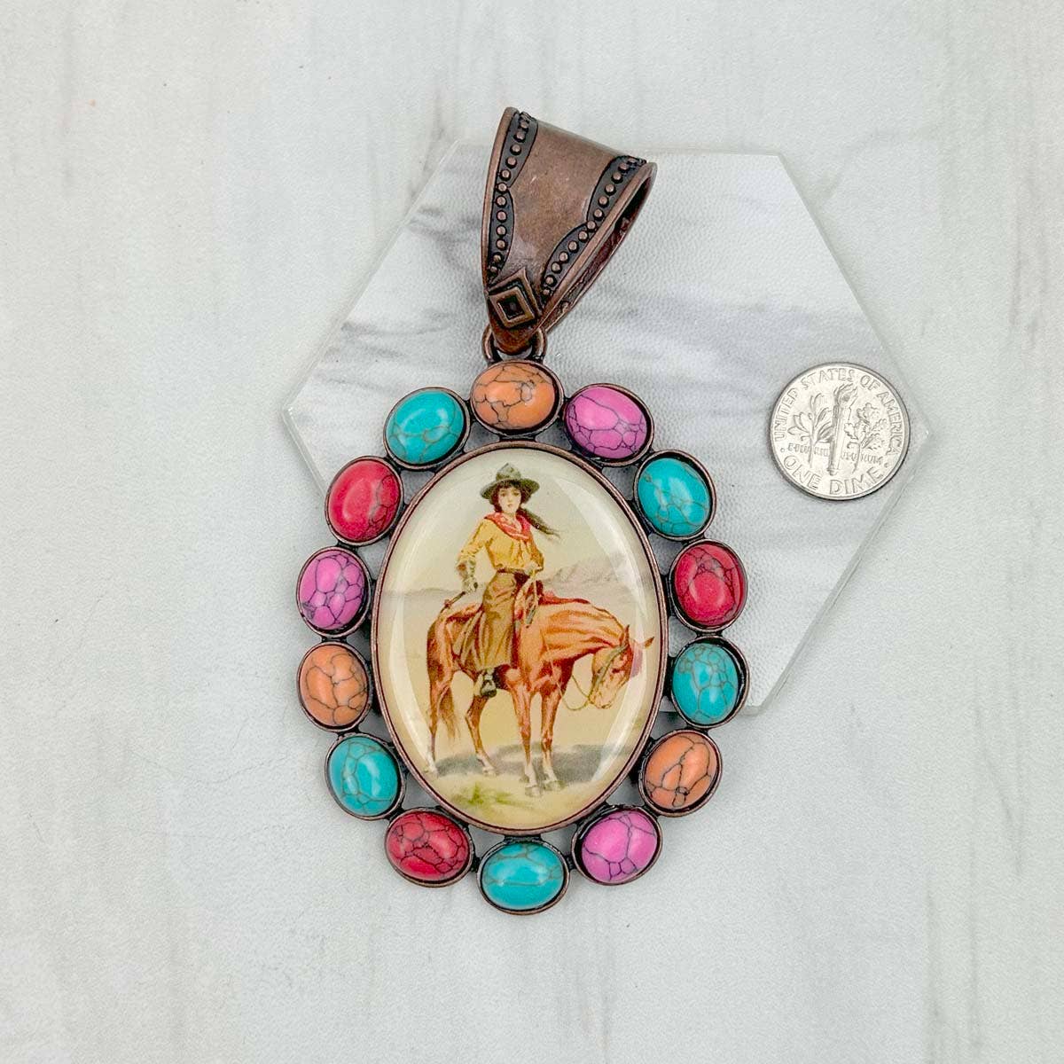 Western Elite Jewelry - Wholesale Individual Charm/Pendant - PD231210CP-33                 Copper metal with blue turquoise stone oval cowboy Pendent2