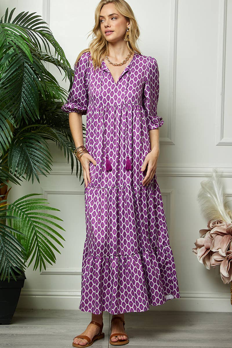 Purple Print Three Quarter Puff Sleeve Maxi Dress for wholesale on Faire8