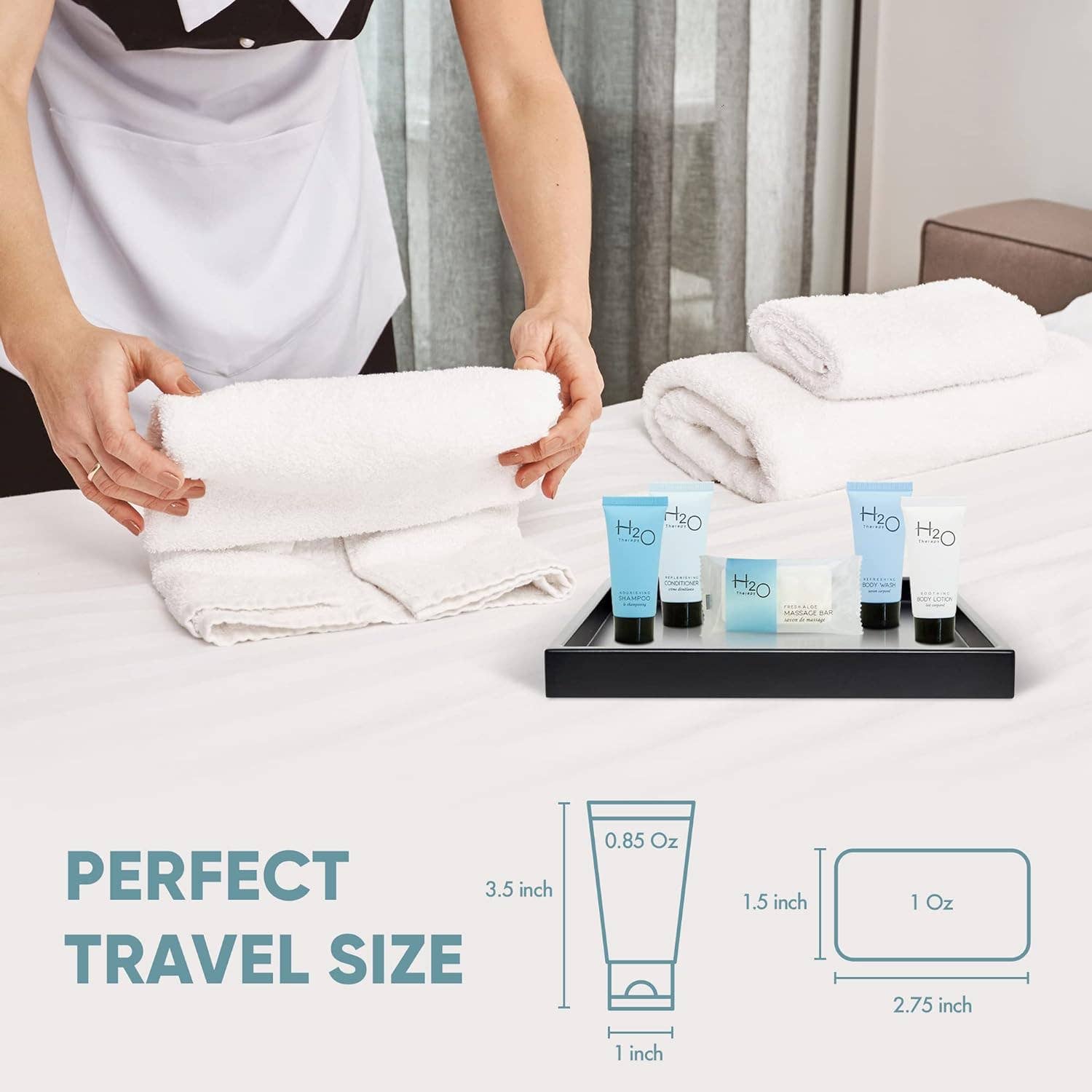 Diversified Hospitality Solutions - Wholesale Set met bad- en lichaamsproducten - H2O Therapy Hotel Zeep en Toiletartikelen Bulk Set | 1-Shoppe All-In-Kit Voorzieningen voor Hotels & Airbnb | 25 ml Hotel Shampoo & Conditioner, Body Wash, Body Lotion & 28 g Zeep Reismaat | 300 Stuks4
