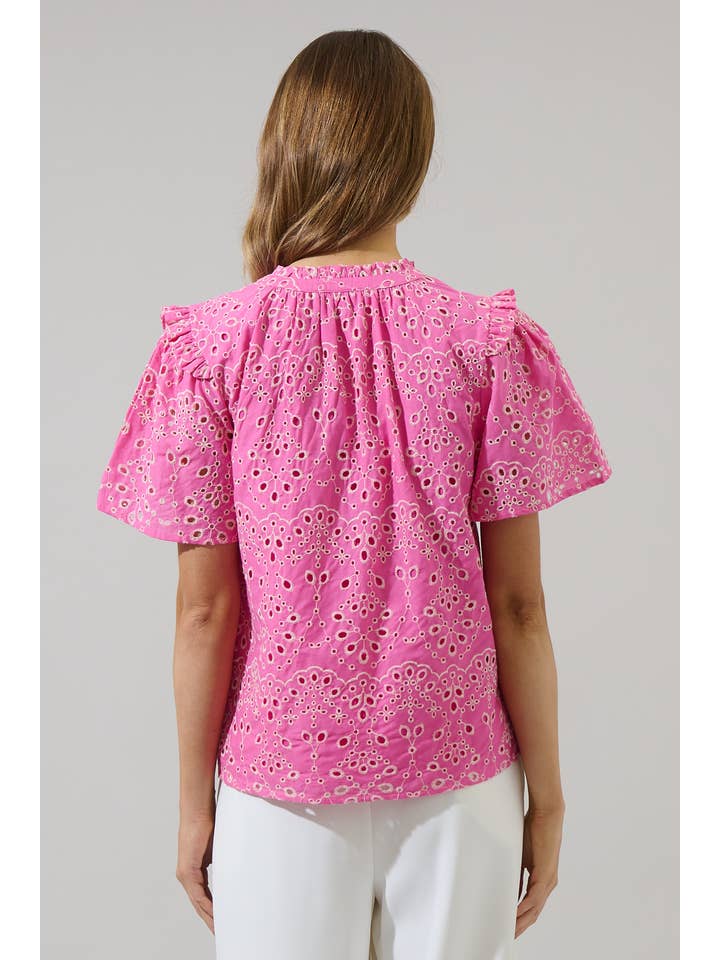 Fuschia Rosie Eyelet Mei Split Neck Top for wholesale on Faire