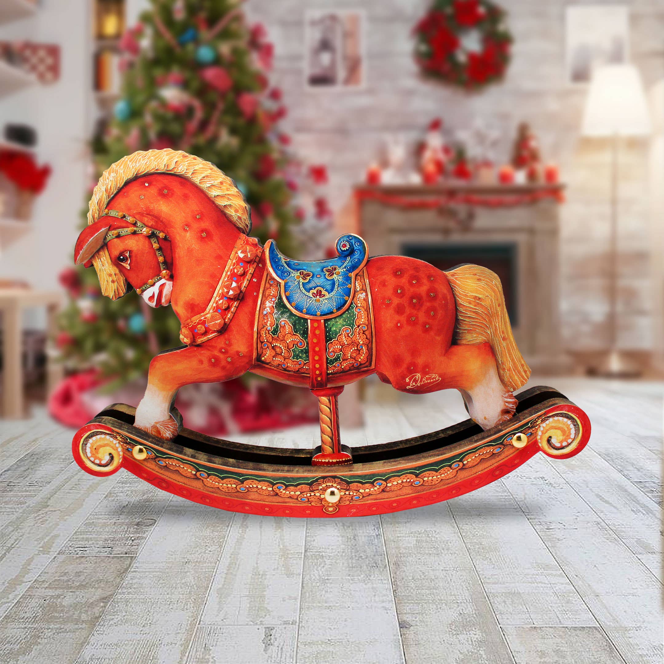 Designocracy - Wholesale Christmas Decoration - Rocking Horse Decorated Wooden Centerpiece Figurine DeBrekht3