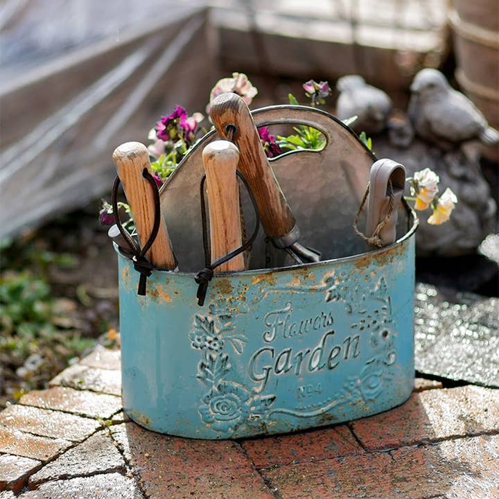 Rustic Reach - Wholesale Garden Tool - Blue Metal Basket Tool Organizer Flower Garden