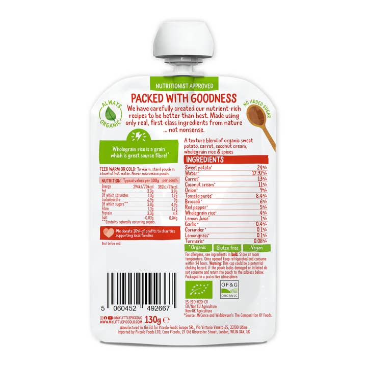 Piccolo Foods – wholesale Baby food – PICCOLO ORGANIC COCONUT RED THAI VEGETABLE CURRY 7 Months+1