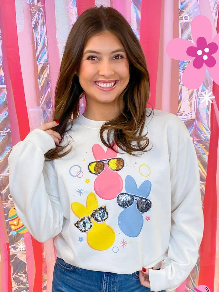 Peeps with Sequin Sunglasses Easter Graphic Sweatshirt for wholesale by Sugar Stitch