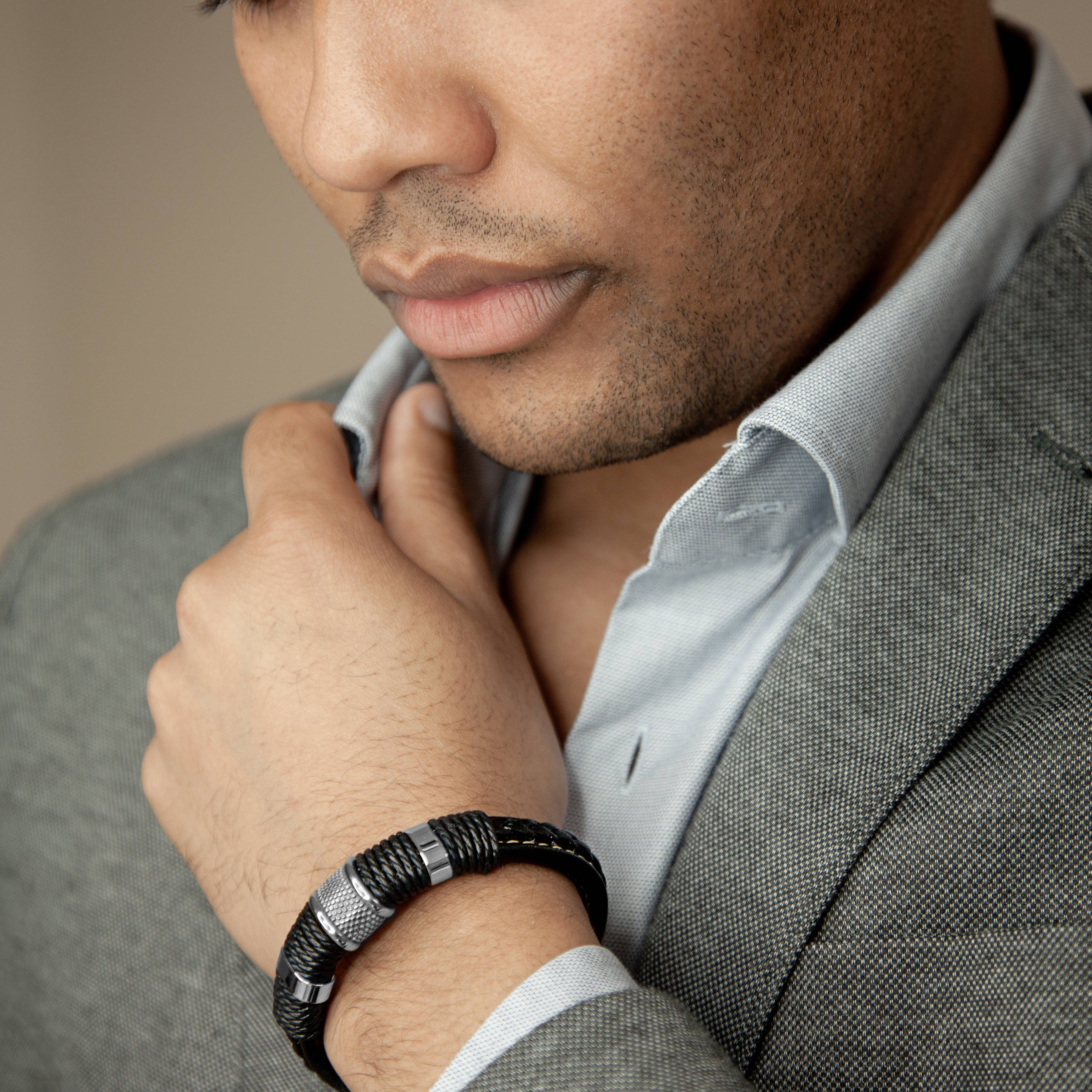 SERASAR - Wholesale Woven/Braided Bracelet - Leather bracelet “ring” - silver - B0285