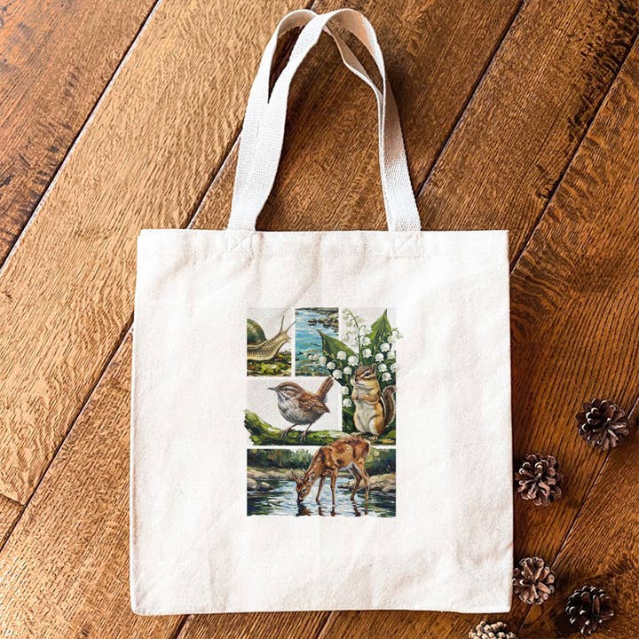 Spring Wildlife Collage - Oil Paint - Canvas Tote Bag for wholesale by North & Pine