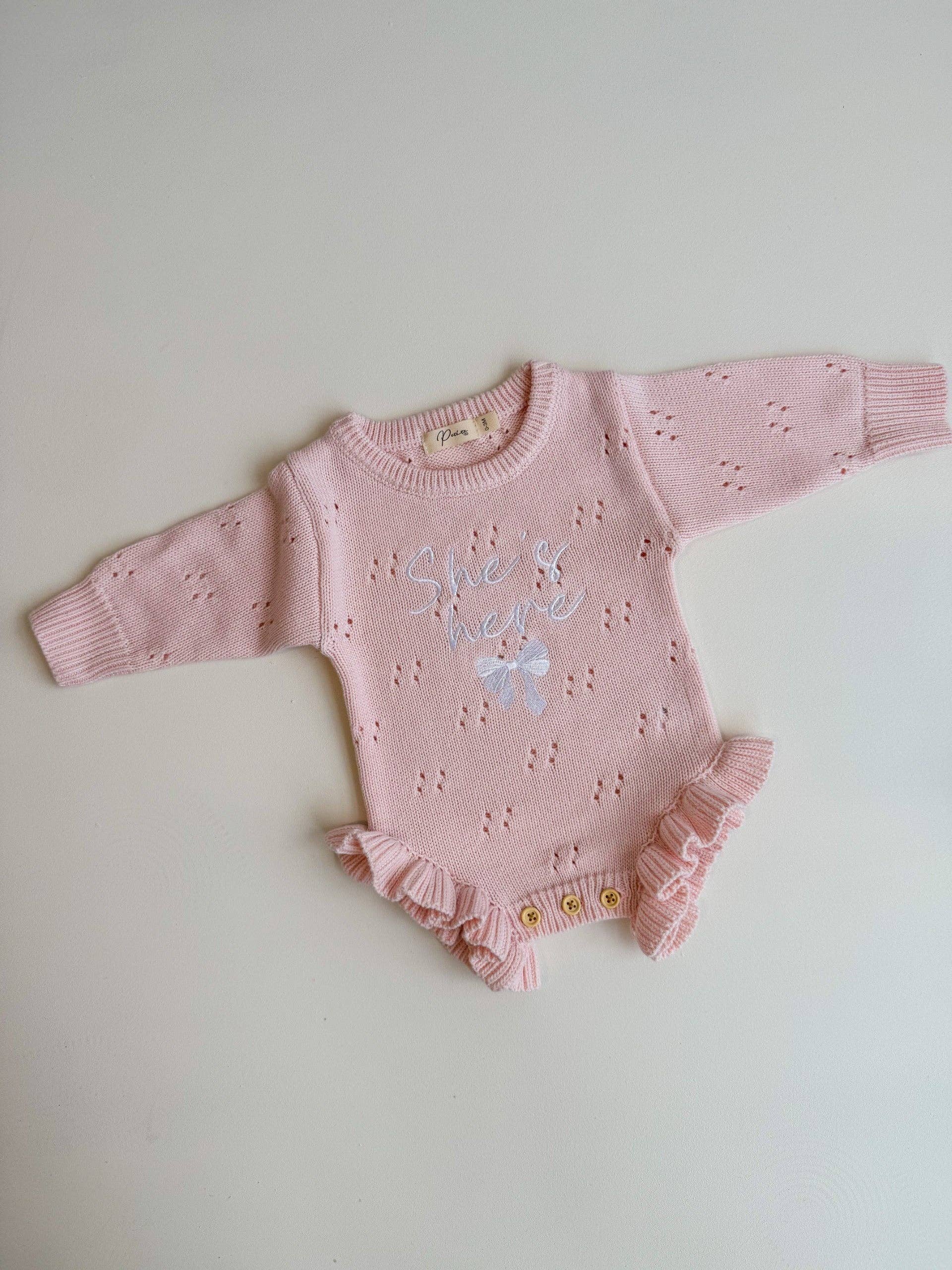 Petite + Co - Wholesale Security/cuddle blanket – Baby - SHE'S HERE BOW - POINTELLE FRILL ROMPER | BABY PINK1