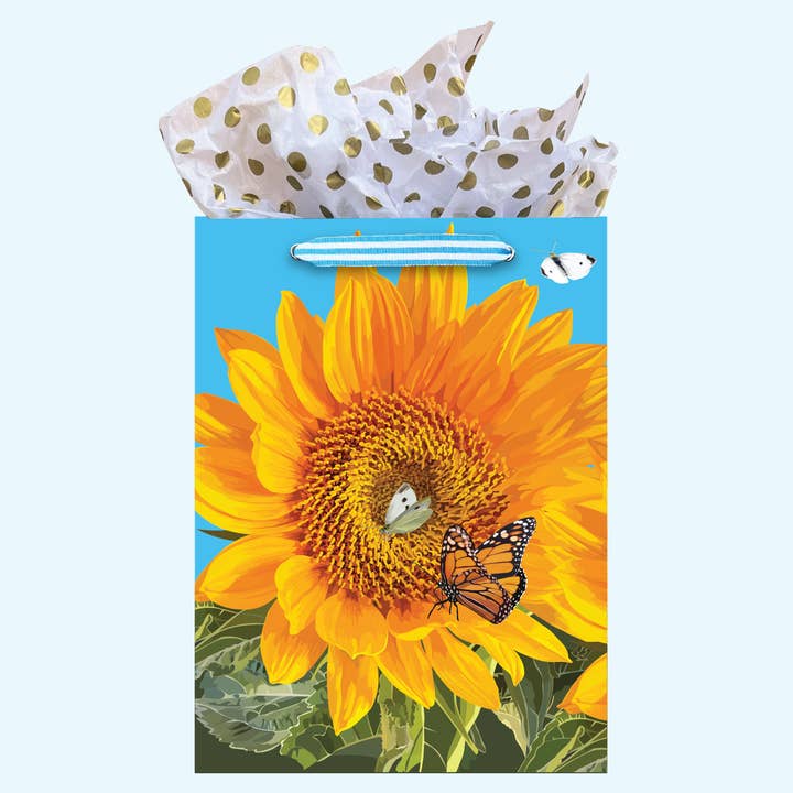 The Red Barn Press - Wholesale Gift Bag - LARGE Floral Gift Bag | Sunflowers and Butterflies on Blue
