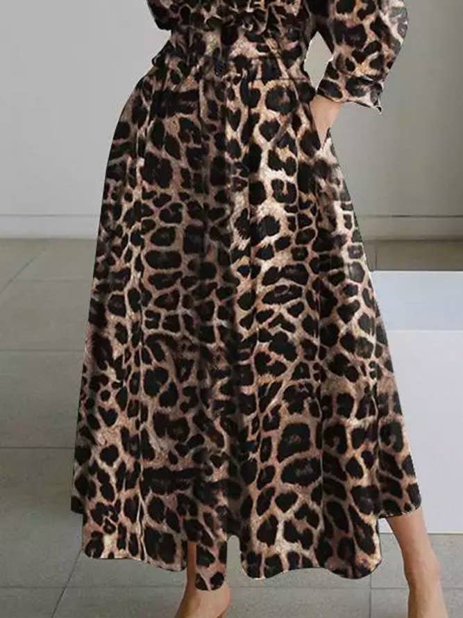 Urban Loose Long Sleeves Leopard Lapel Collar Midi Dresses for wholesale on Faire
