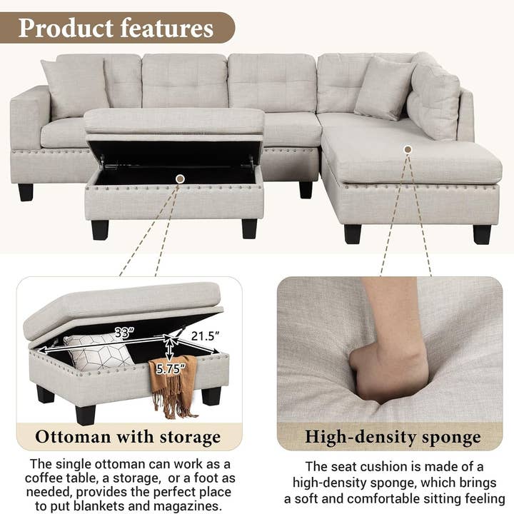 Light Gray Sectional Sofa Couch with Ottoman and Chaise for wholesale on Faire