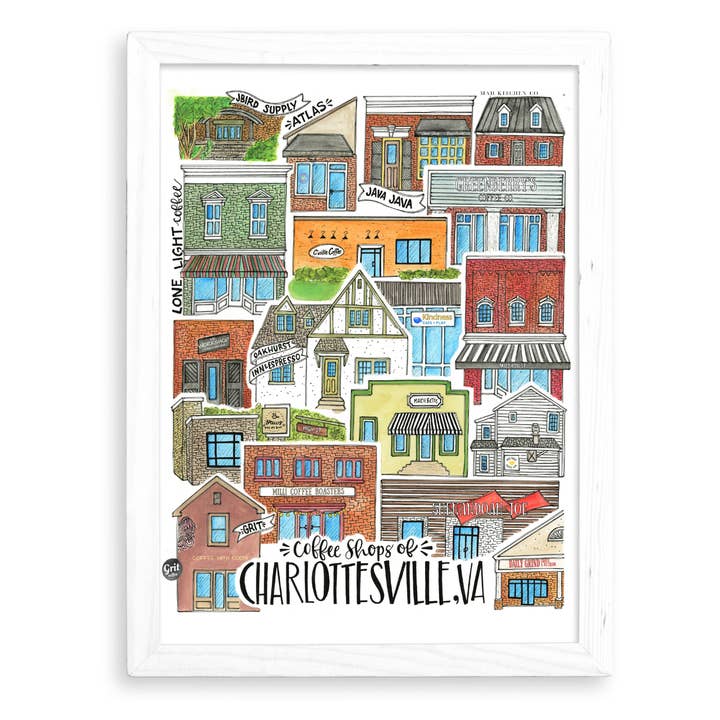 Coffee Shops of Charlottesville Art Print for wholesale by Mad Kitchen Co.