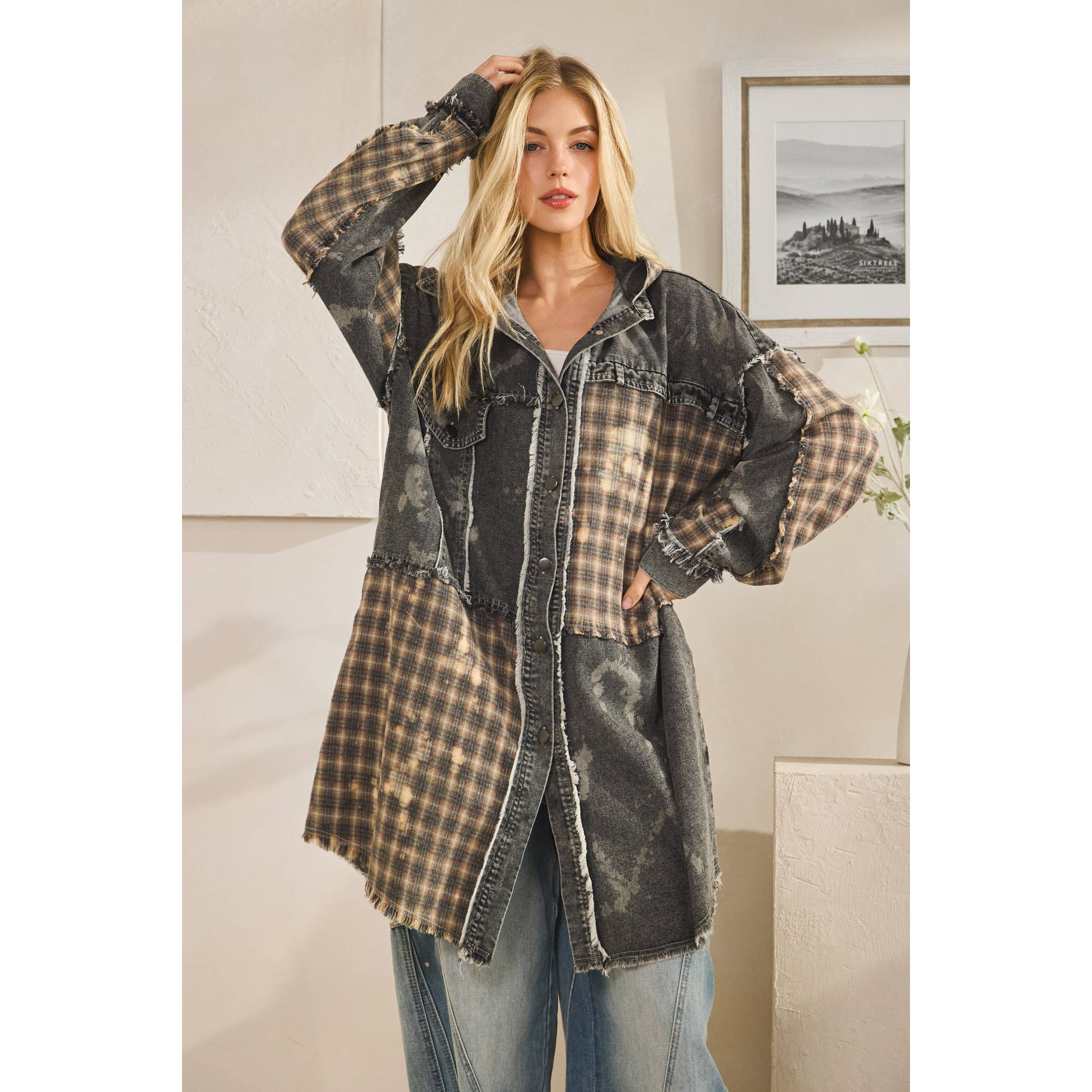 Oli&Hali - Wholesale Shirt Jacket/Shacket - Women's - WASHED BLEACHED DENIM PLAID BUTTON FRONT SHACKET18