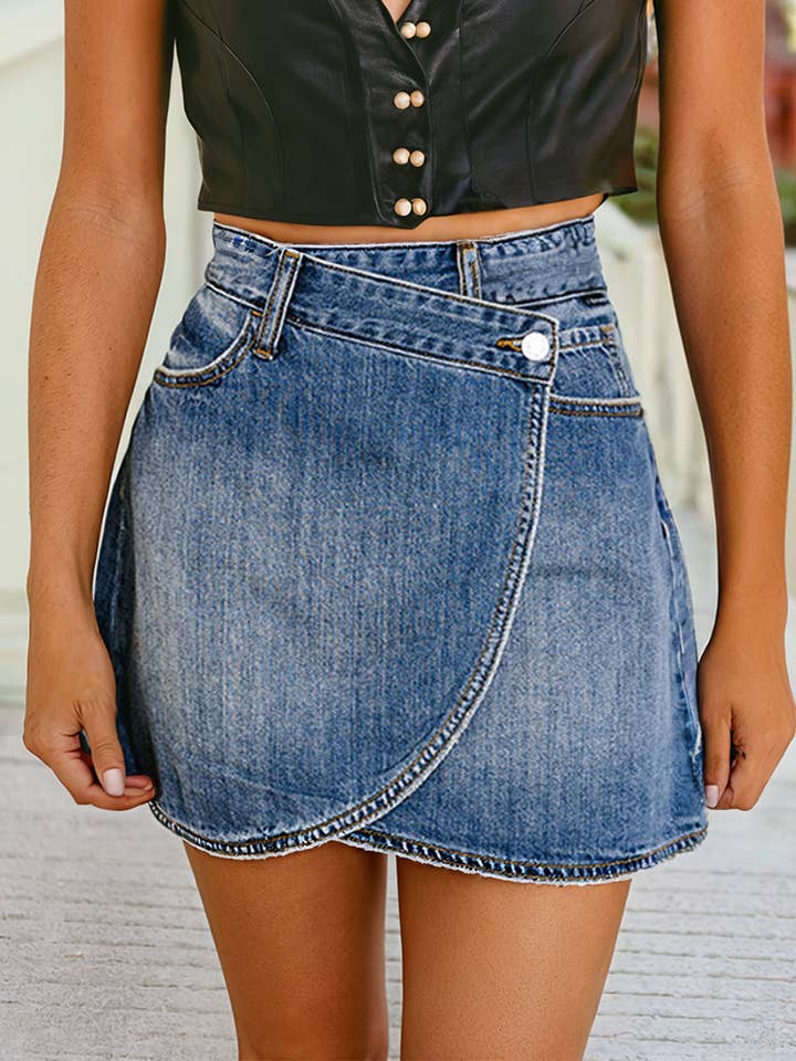 Ashleigh Blue Denim High Waist Wrapped Mini Skirt for wholesale on Faire