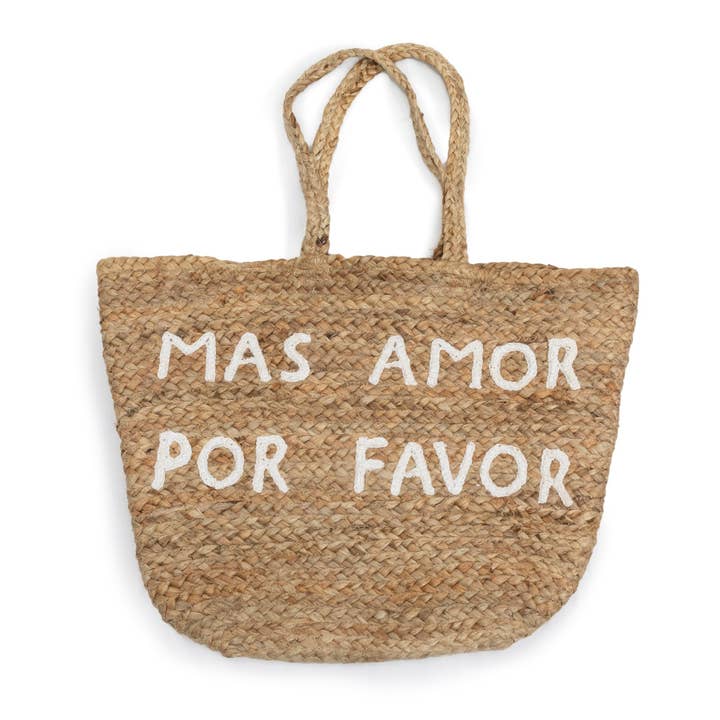 Large Mas Amor Por Favor Jute Tote Bag 21"x16" for wholesale by Sugarboo & Co