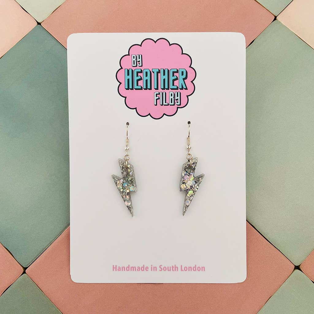 By Heather Filby – wholesale Dangle earrings – Small Silver Glitter Lightning Bolt Earrings0