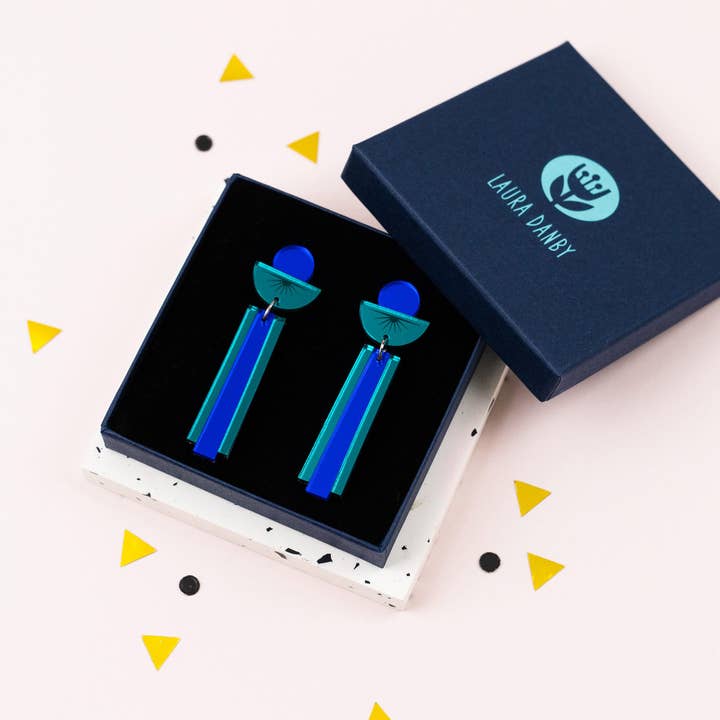 Laura Danby - Wholesale Dangle Earrings - Blue & Teal Art Deco Acrylic Earrings1