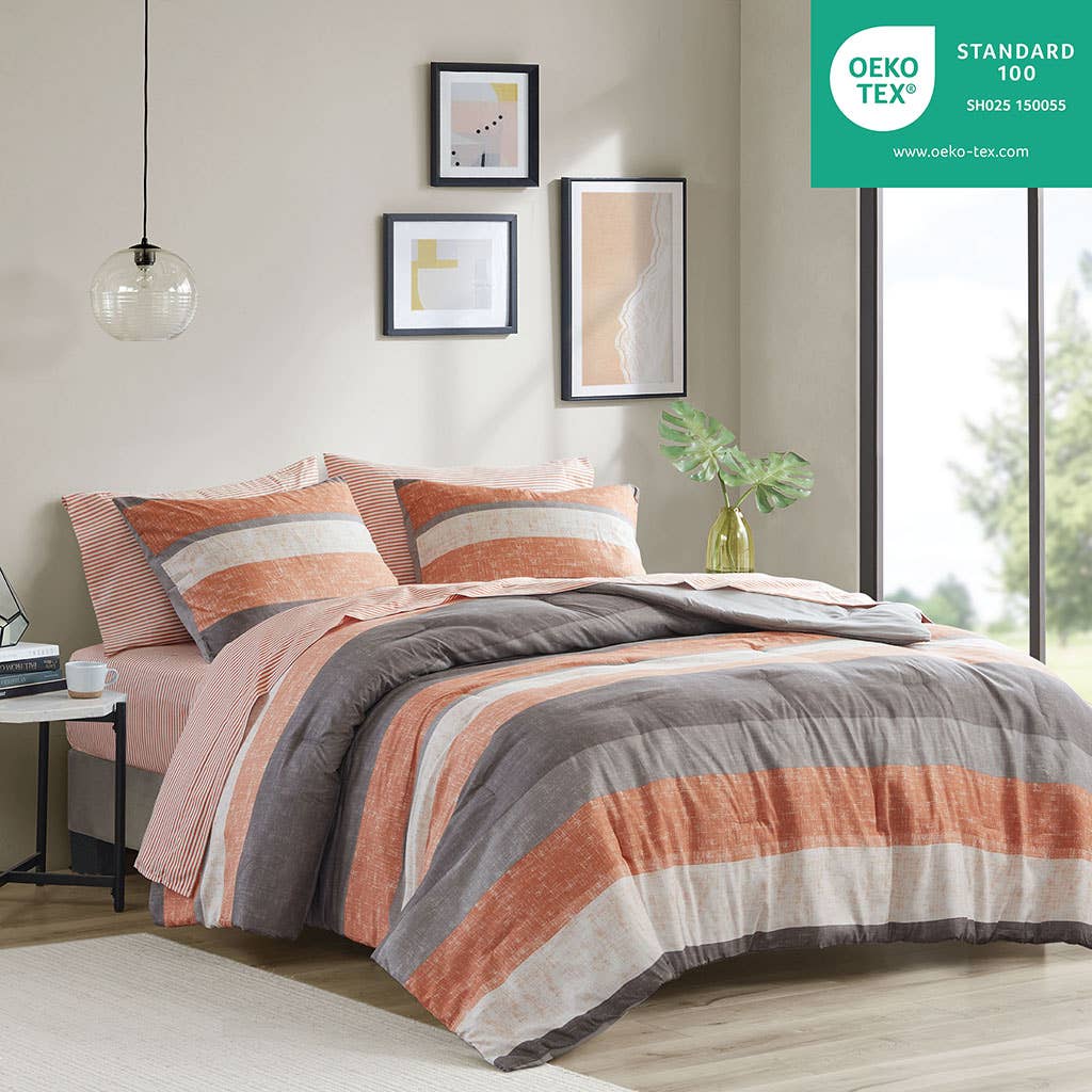Olliix - Wholesale Bedding Set - Stripe Modern Comforter Set with Bed Sheets, Coral/Grey2